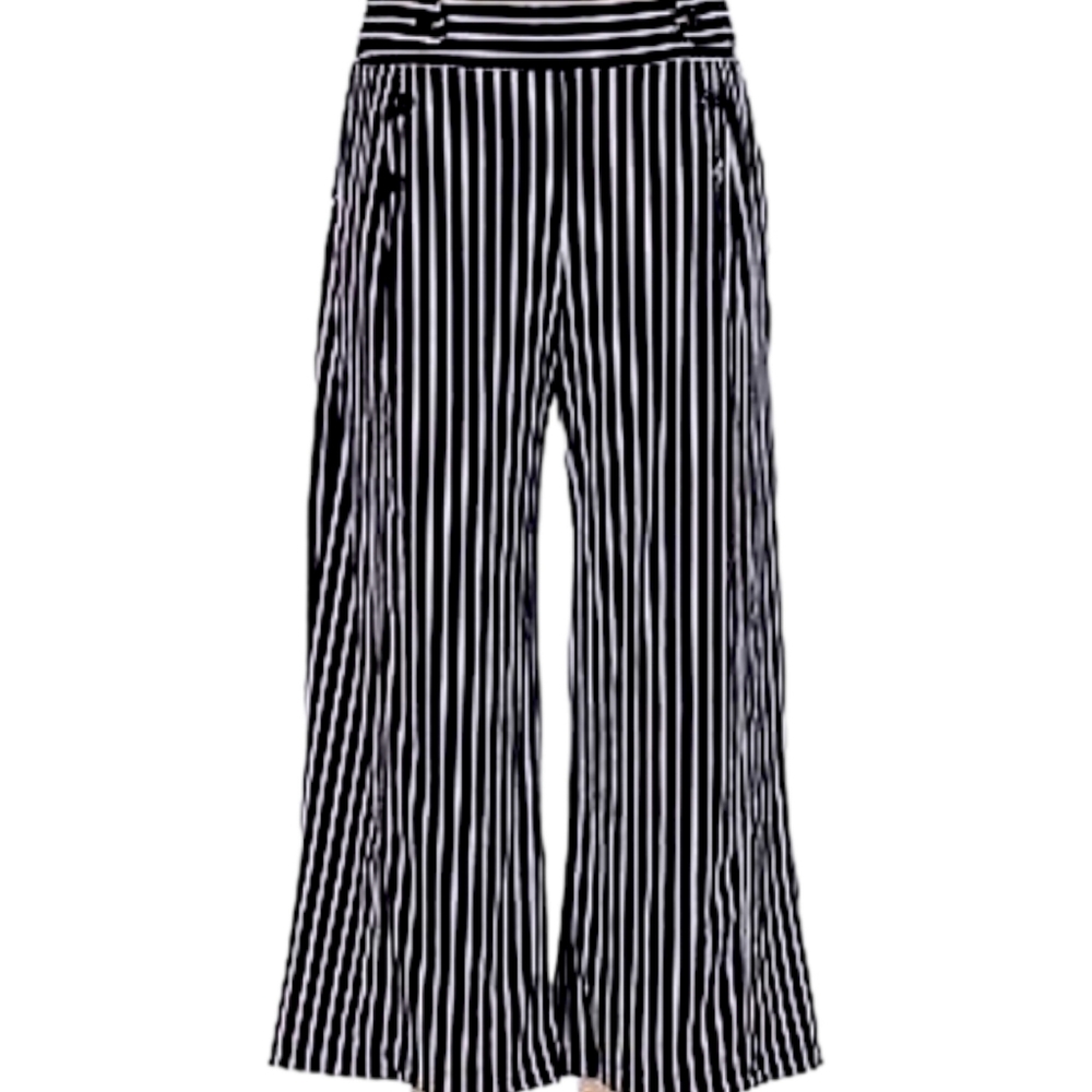 Wide Leg Palazzo Pants Black and White Stripe Sailor Style Button Front, L